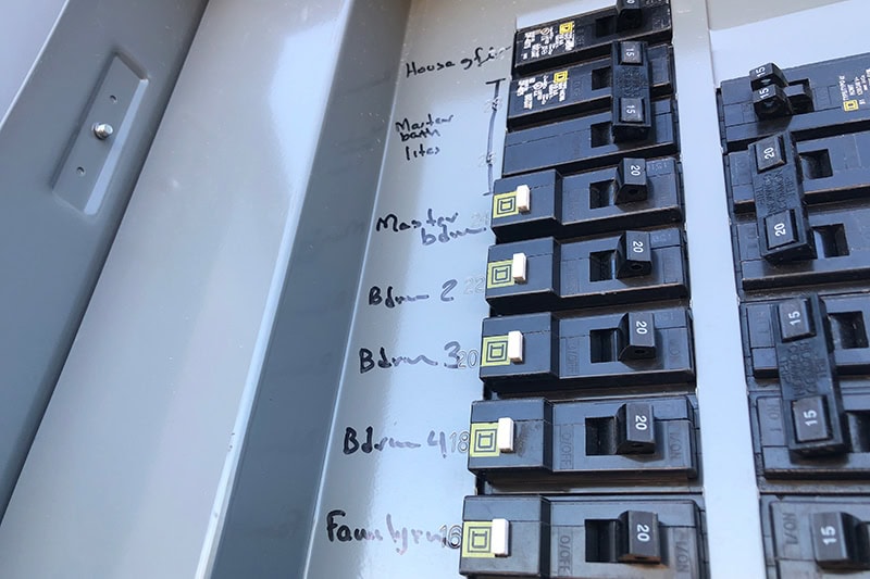 A home's electrical panel with labels on the switches.